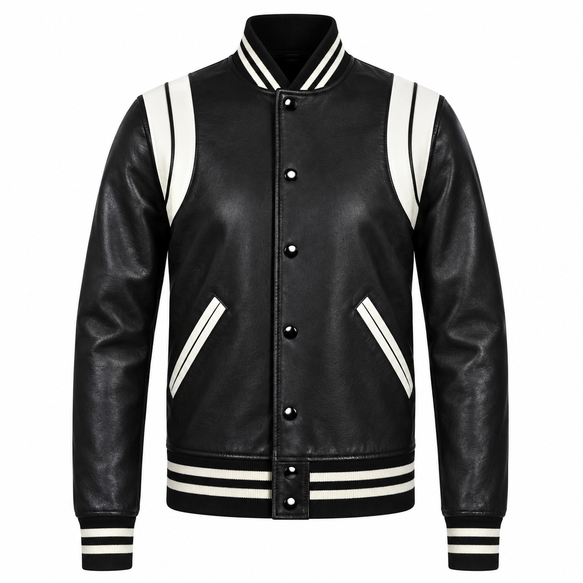 Men’s Black and White Leather Varsity Jacket