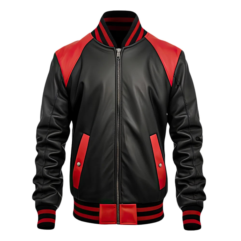 Men’s Black and Red Leather Varsity Jacket